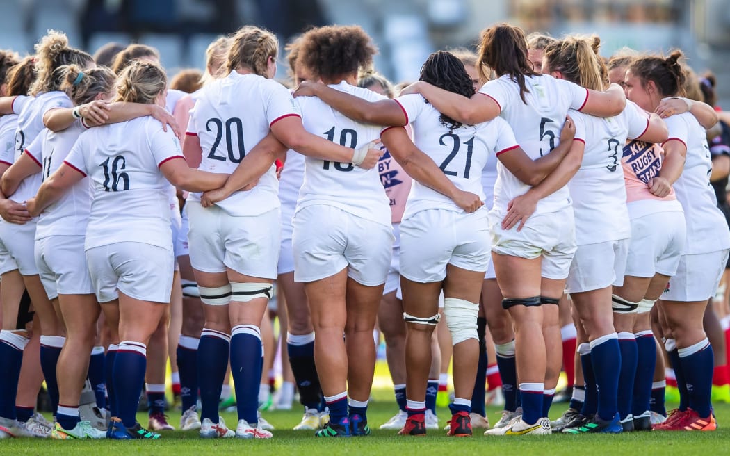 England huddle after winning the Women's Rugby World Cup semi-final match between England and Canada at Eden Park in Auckland, New Zealand on Saturday November 05, 2022. Copyright photo: Aaron Gillions / www.photosport.nz