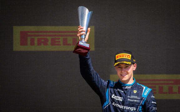 Marcus Armstrong on the podium after finishing second in the second sprint race during the 4th round of the 2021 FIA Formula 2 Championship from July 16 to 18, 2021 on the Silverstone Circuit, in Silverstone, United Kingdom.