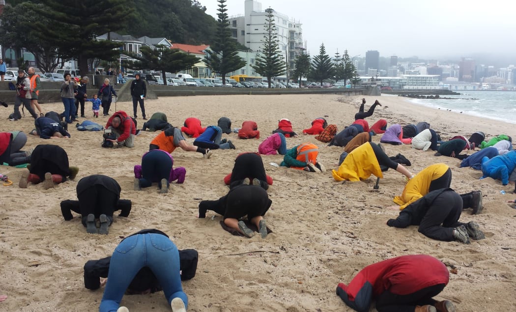 About 50 people took part in today's protest at Oriental Bay, Wellington.