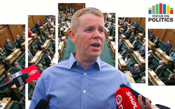 Focus on Politics: Composite of Chris Hipkins in front of Parliament chambers