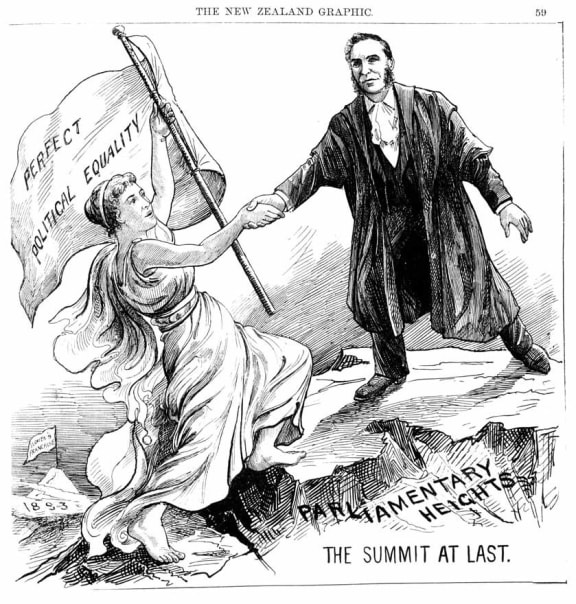 Engraving from  New Zealand Graphic, 21 July 1894, a woman holds a flag proclaiming ‘Perfect Political Equality’