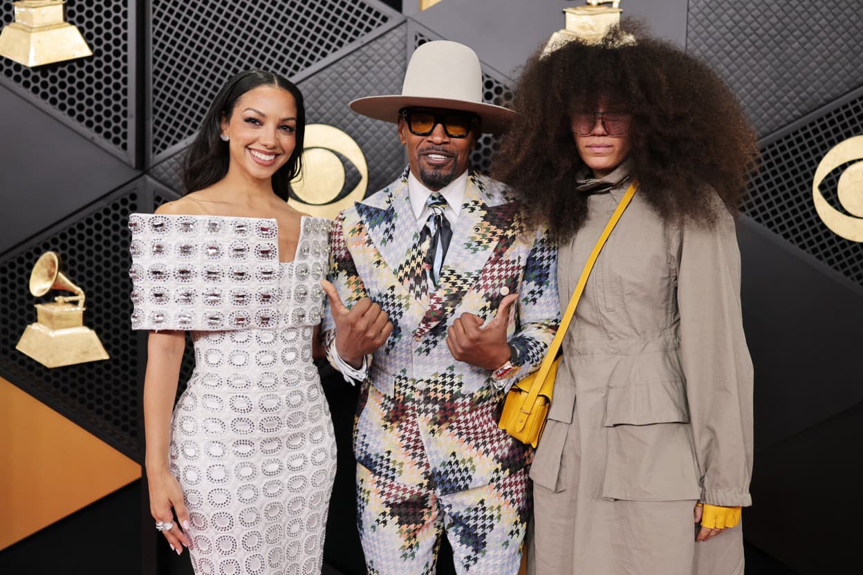 Corinne Foxx, Jamie Foxx, and Anelise Foxx attend the 68th GRAMMY Awards on February 01, 2026 in Los Angeles, California.