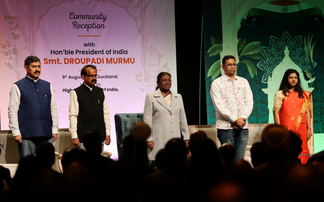 Draupadi Murmu, President of India (centre), with Neeta Bhushan (right), High Commissioner of India to New Zealand, along with other dignitaries, attended a community event in Auckland.