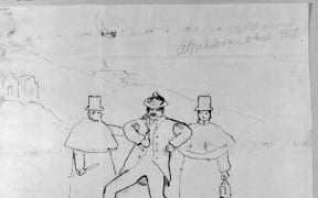 Alfred Domett's 1856 sketch of a parliamentarian, flanked by two police officers, staggering home from parliament worse for wear.