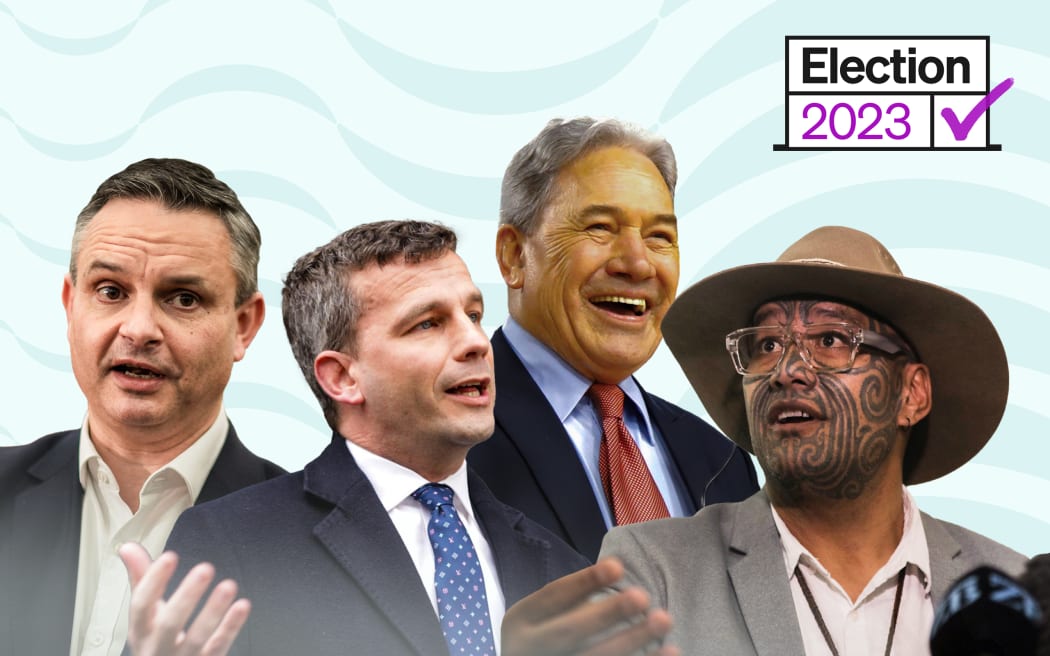 Election 2023: Collage of James Shaw, David Seymour, Winston Peters and Rawiri Waititi