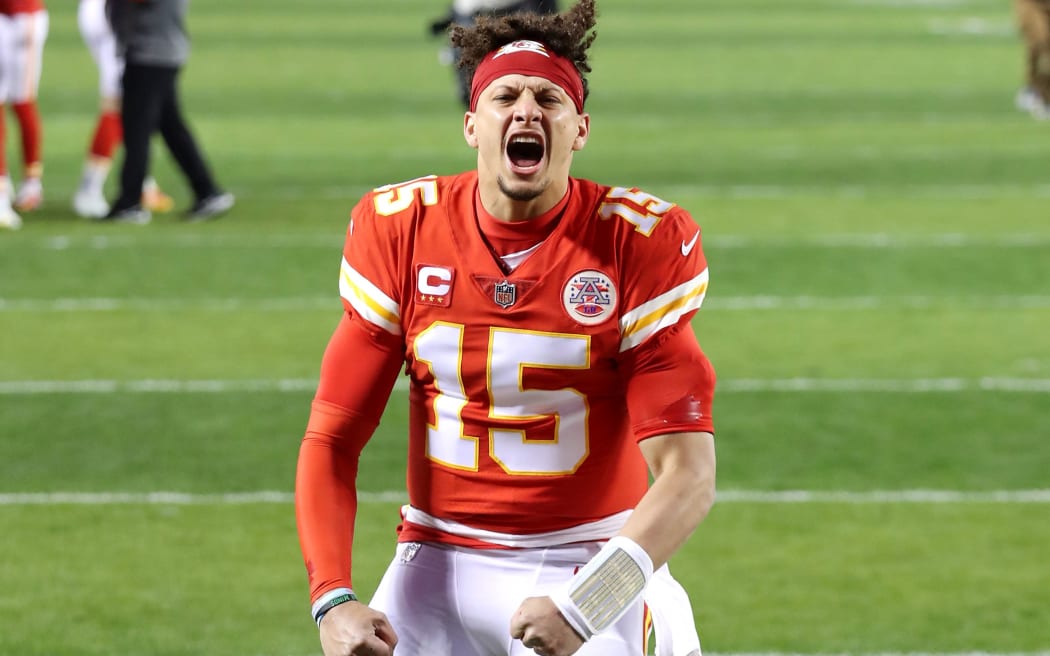 KANSAS CITY, MISSOURI - JANUARY 24: Patrick Mahomes #15 of the Kansas City Chiefs reacts before the AFC Championship game against the Buffalo Bills at Arrowhead Stadium on January 24, 2021 in Kansas City, Missouri.   Jamie Squire/Getty Images/AFP