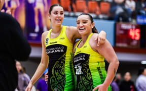 Amelia Walmsley of the Pulse and Tiana Metuarau of the Pulse after ANZ Premiership - Stars vs Pulse at Pulman Arena, Auckland, New Zealand on Saturday 24 May 2025. Photo: Joshua Devenie / Photosport
