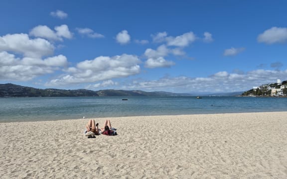 Beachgoers determined to make the most of the sun, despite the cold wind and water. (Oriental Bay)