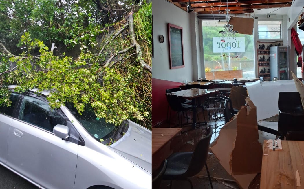 Topor Bistro & Bar was heavily damaged in the storm, while trees fell on cars in the Wellington suburb of Brooklyn.