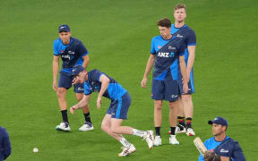 New Zealand players warm up during the ICC Men’s T20 World Cup 2022 Super 12 cricket match between New Zealand and Afghanistan at the Melbourne Cricket Ground, 2022.