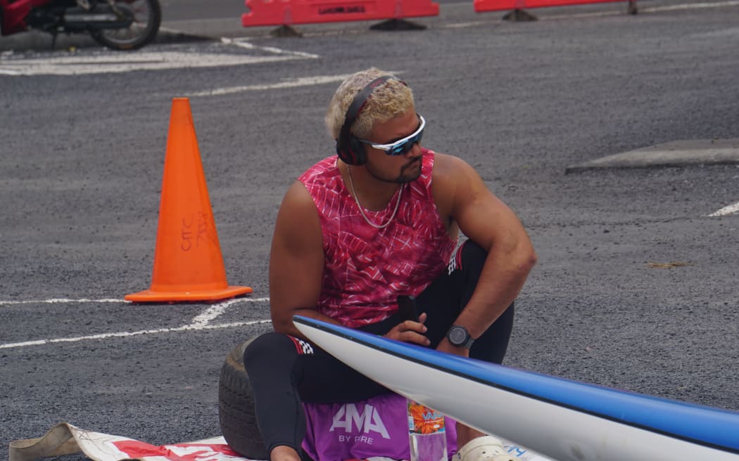 Pomare Pittman of Ngakau Toa Vaka gets into the zone ahead of Vaka Eiva outrigger canoe competition.