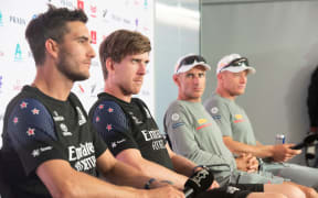 Team New Zealand Flight Controller Blair Tuke and helmsman Peter Burling, Luna Rossa co-helmsmen Francessco Buni and Jimmy Spithill.