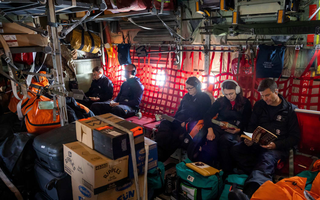 Prime Minister Jacinda Ardern (second right) almost made it to Scott Base on Tuesday after boarding an RNZAF C130 bound for Antarctica. Unfortunately two hour into the journey the plane returned to Christchurch due to bad weather at Scott Base. 
Photograph by Mike Scott