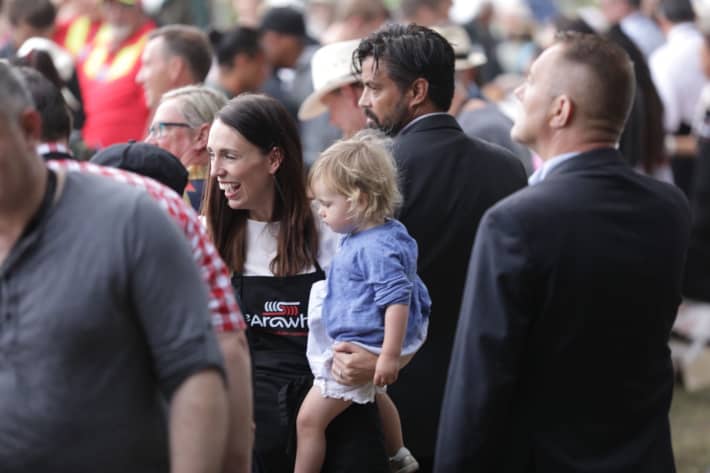 Prime Minister Jacinda Ardern with baby Neve at Waitangi.