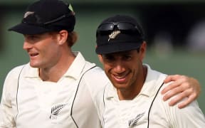 Ross Taylor, right, and Martin Guptill celebrate New Zealand's victory over Sri Lanka in the second Test of their 2012 series.
