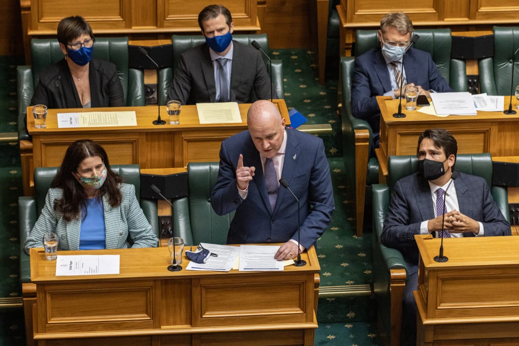 Chritopher Luxon waves an admonishing finger during his first Question Time outing