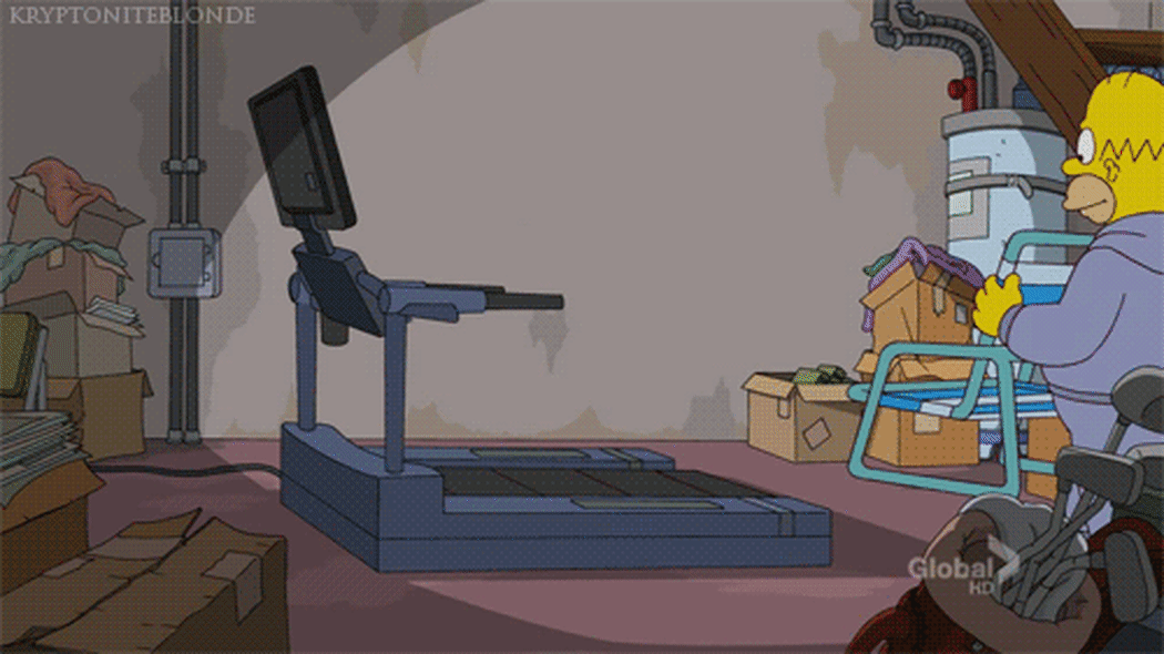 Homer Simpson riding a treadmill while sitting on a chair.