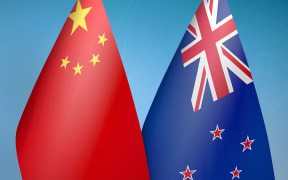 China and New Zealand two flags together blue background