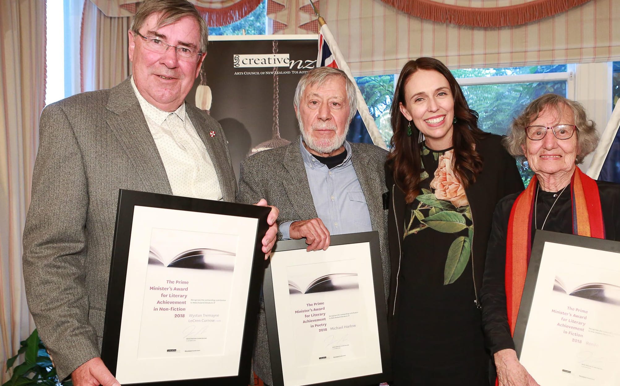 Wystan Curnow, Michael Harlow and Renee receiving Prime Minister Literary Achievement Awards.