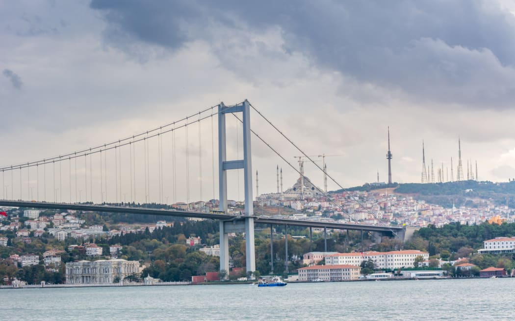 A bridge over the Bosphorus Strait, in Istanbul, Turkey.