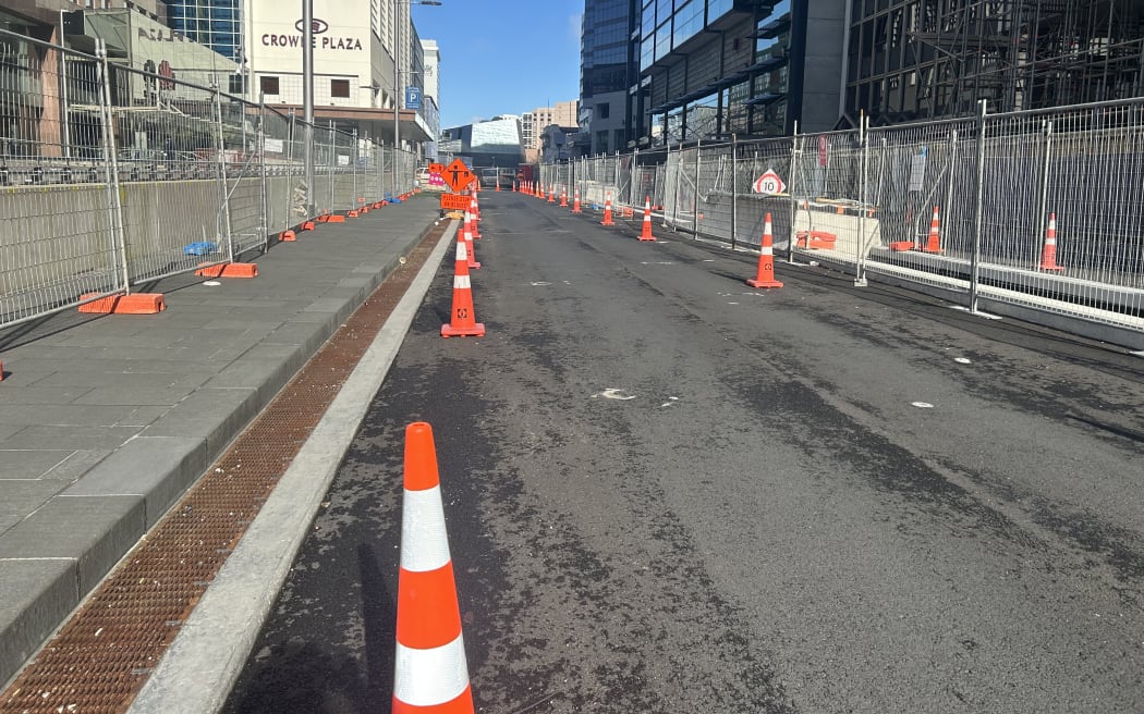 Image shows roadwork in Auckland's CBD. A line of orange road cones extend into the distance.