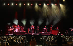 German pop singer Tim Bendzko (C) performs on stage at the Arena in  Leipzig, eastern Germany on August 22, 2020 where the University of Halle is holding an experiment