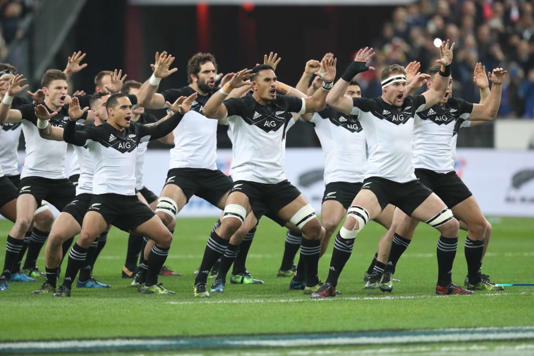 The All Blacks perform the Haka in a Test against France in Paris.