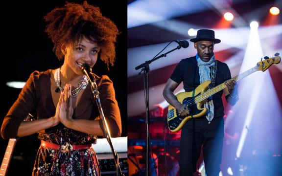 A combination image. On the left is Esperanza Spalding thanking her audience, on the right is Marcus Miller playing electric bass with snazzy lighting.