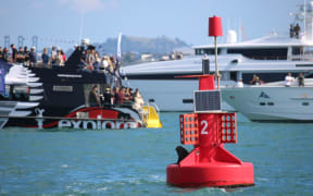 A seal has secured one of the best seats in the house on a channel marker at the edge of the course.