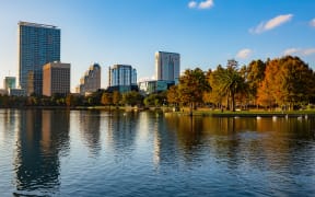 Orlando, Florida, USA, downtown city skyline from Eola Park