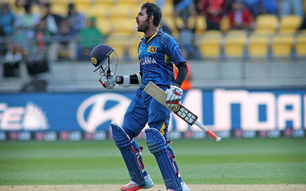 Lahiru Thirimanne celebrates his century.