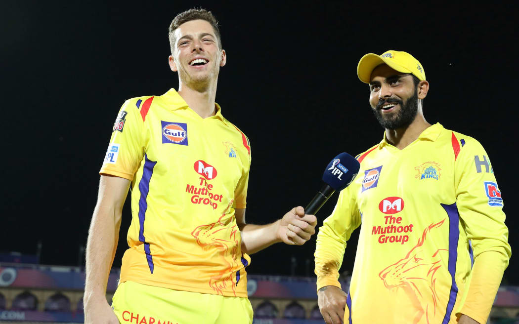 Mitchell Santner has some post match fun with Chennai Super Kings team-mate Ravindra Jadeja.