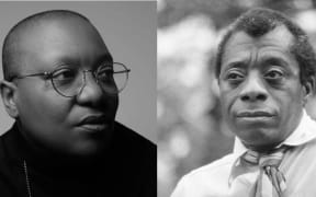 Headshots of Meshell Ndegeocello and James Baldwin