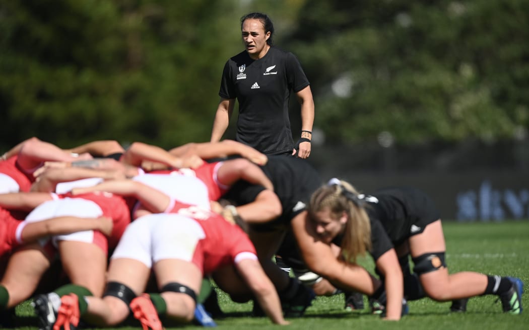 Black Ferns captain Ruahei Demant stands behind the scrum in the pool match against Wales in the 2022 Rugby World Cup.