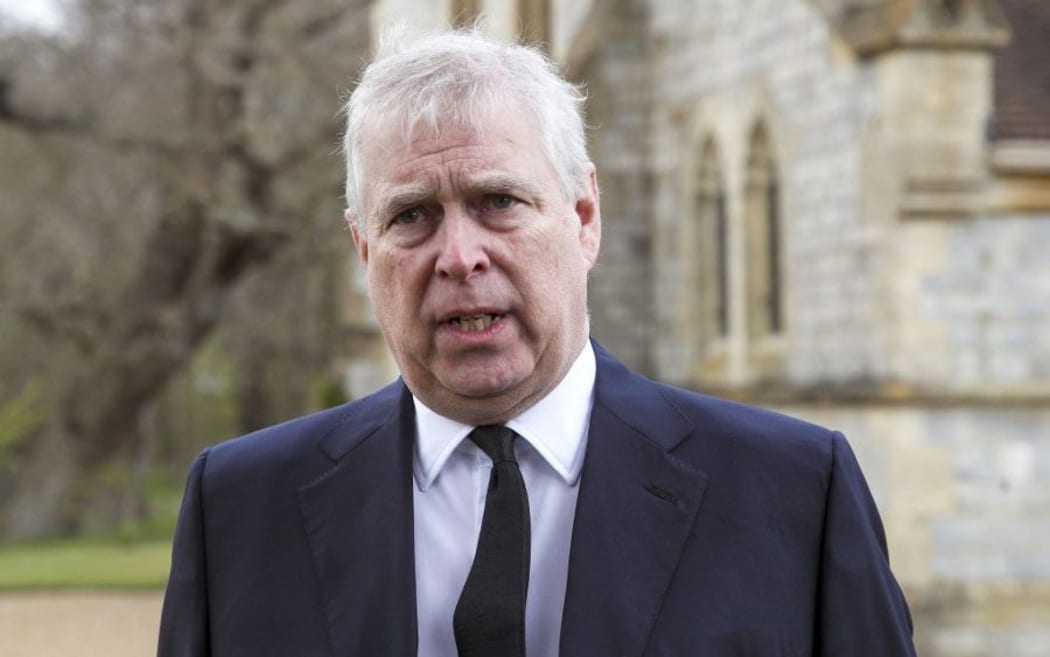 Britain's Prince Andrew, Duke of York, speaks during a television interview outside the Royal Chapel of All Saints in Windsor on April 11, 2021, two days after the death of his father Britain's Prince Philip, Duke of Edinburgh. -