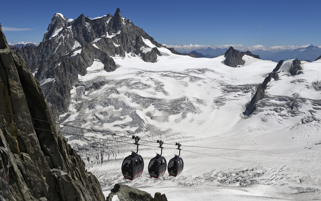 A file photo of the Panoramic Mont-Blanc cable car linking the Aiguille du Midi peak to the Helbronner peak in Italy.