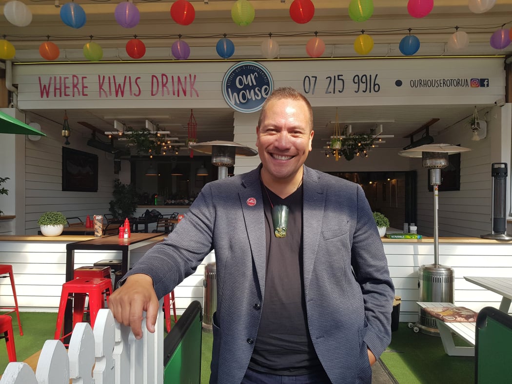 Tamati Coffey at a bar he owns called “Our House” in Rotorua.