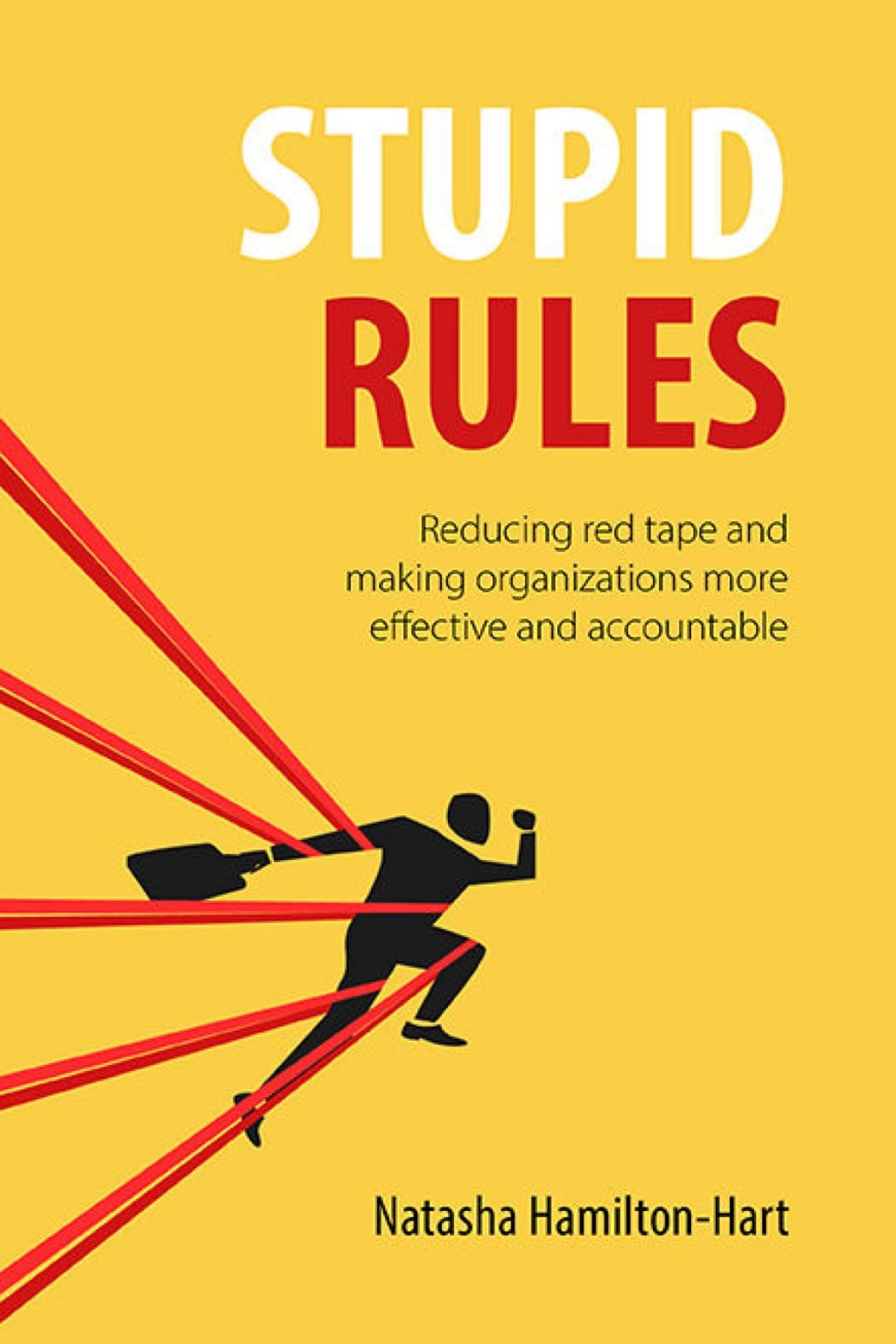 A businessman, attempting to leap forward, is held back by red tape.