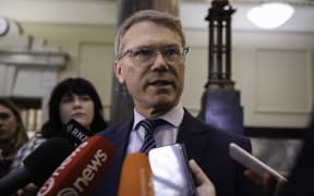 National MP Paul Goldsmith speaking to media at parliament