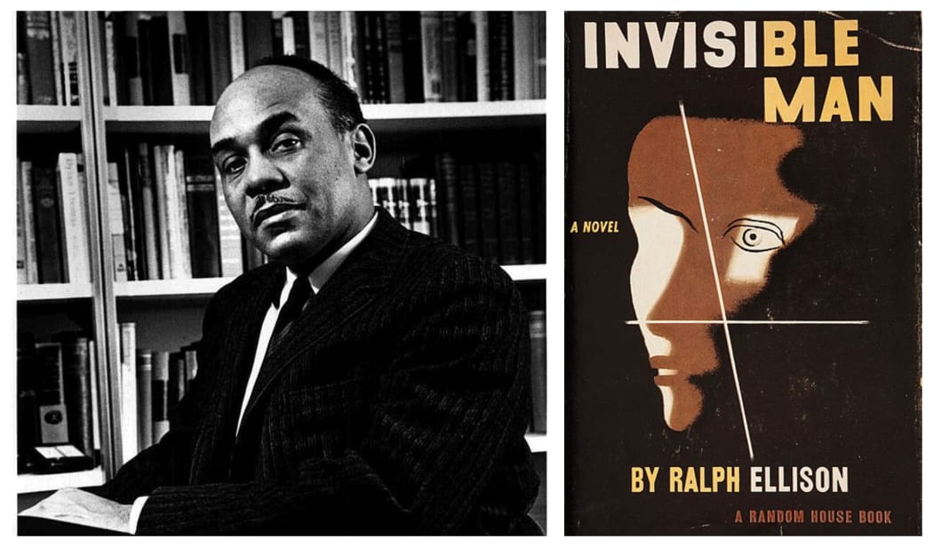 Ralph Ellison and the cover of the 1952 first edition of his book "Invisible Man"
