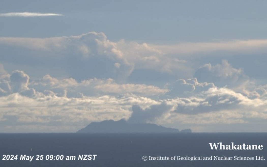 GNS Science's camera in Whakatāne shows a minor eruption on Whakaari / White Island on 25 May 2024.