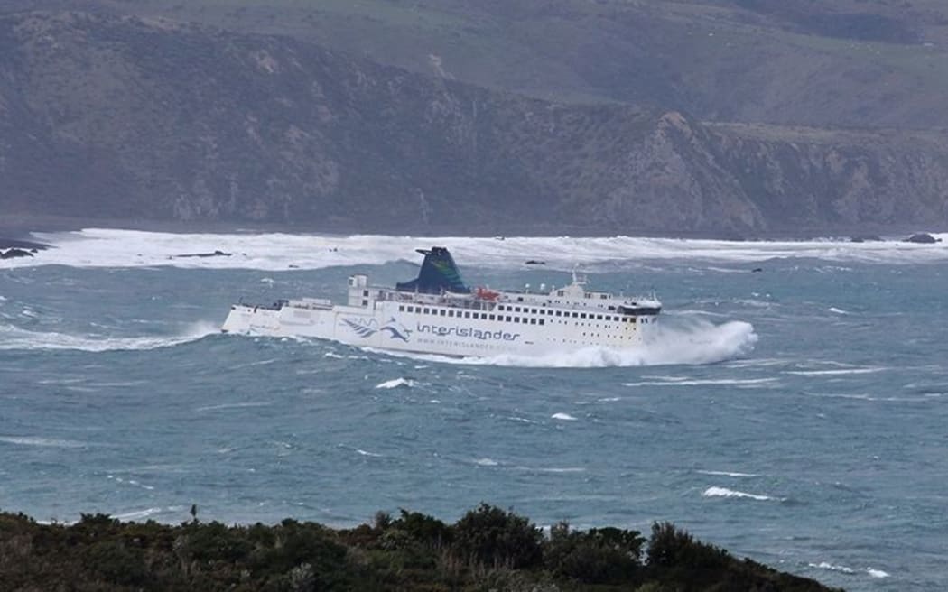 15 August 2014 The Interislander ferry hits a big swell as it exits Wellington Harbour.