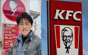 Ben Yang, left, with his Riccarton food truck "YFC," and the KFC logo.