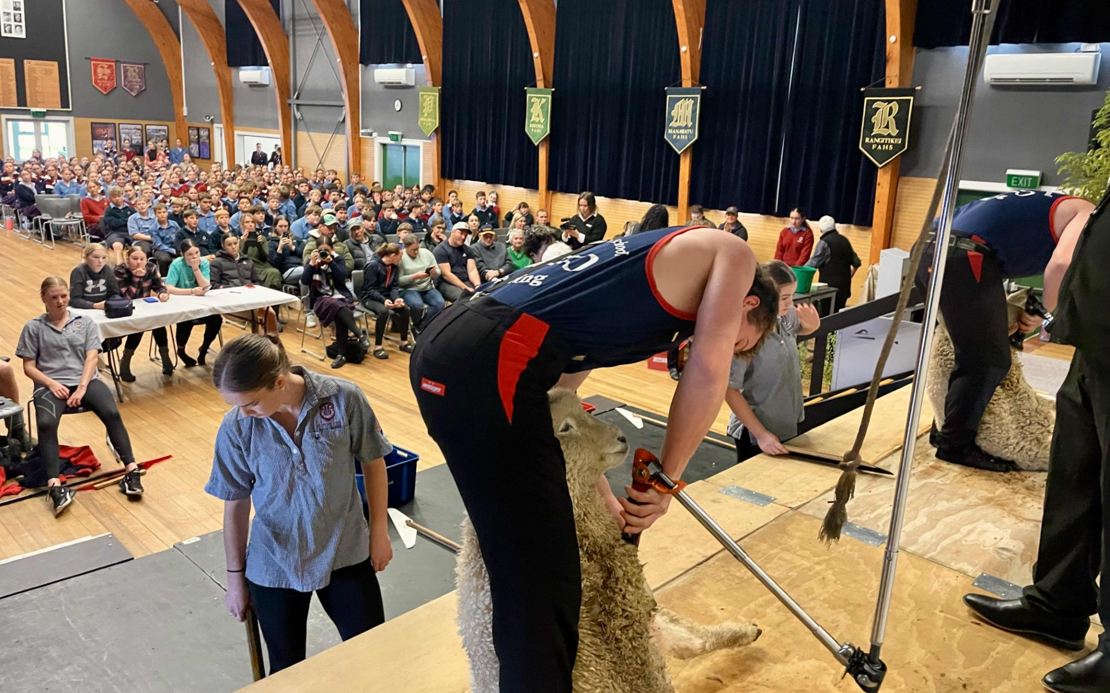 Feilding High School's hall became a woolshed as the school held it's annual shearing competition, 4/06/2025.