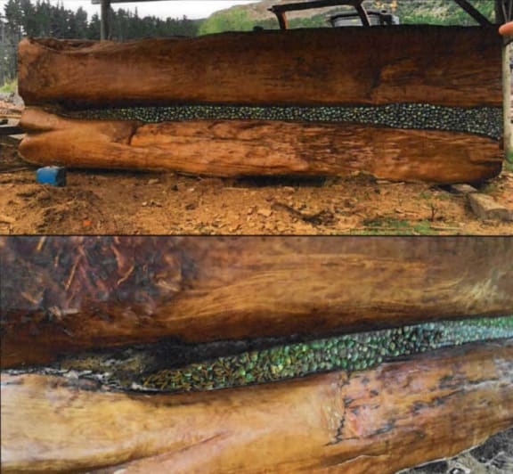 Kaihū kauri exporter Nelson Parker sent this log that had been dressed and decorated to China.