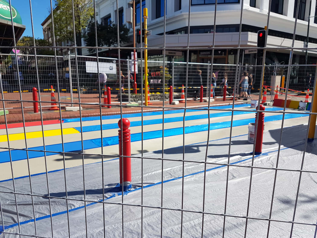 The rainbow crossing in Wellington when it was being painted.