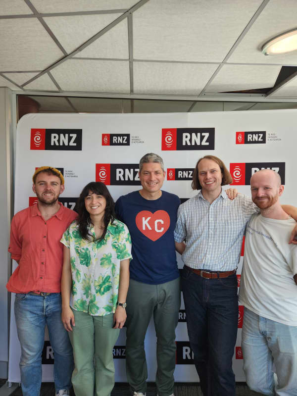 The Beths at RNZ with mega-fan Jesse Mulligan in 2022.