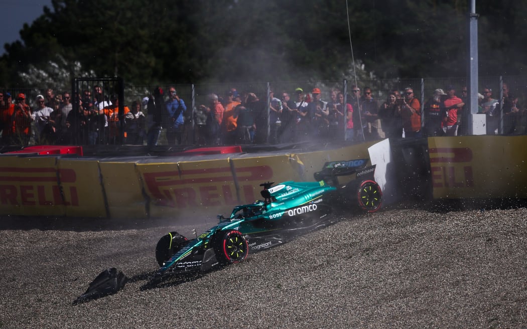 Lance Stroll of Aston Martin F1 Team, crashes at the 2025 Dutch Grand Prix.