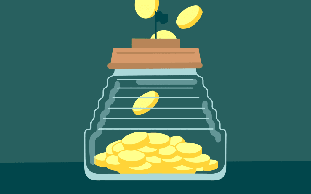 Stylised illustration of coins falling into glass jar shaped as the Beehive