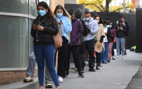 People queue for a Covid-19 test in Melbourne on May 27, 2021.